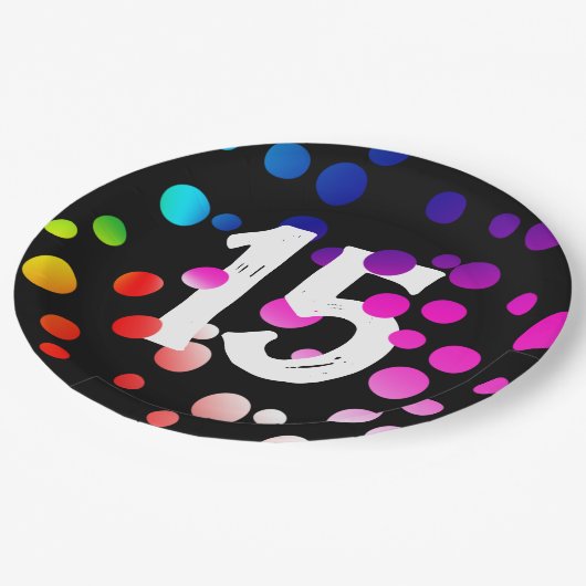 15e verjaardag RegenboogStippen op zwart Papieren Bordje (Gekanteld)