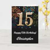 15e verjaardag regenboogvuurwerk zwart en goud kaart (Gele Bloem)