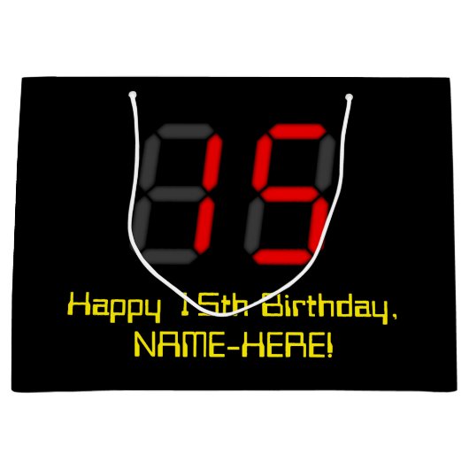 15e verjaardag: Rode digitale klokstijl "15" + naa Groot Cadeauzakje (Voorkant)