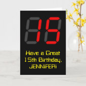 15e verjaardag: Rode digitale klokstijl "15" + naa Kaart (Gele Bloem)