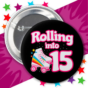 15e verjaardag rolschaatsen 15 jaar oud Schaats Ronde Button 5,7 Cm