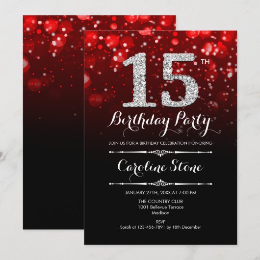 15e verjaardag - rood zilver kaart (Voorkant / Achterkant)