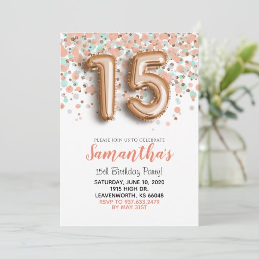 15e verjaardag Roos Gold Confetti Uitnodiging (Staand voorkant)