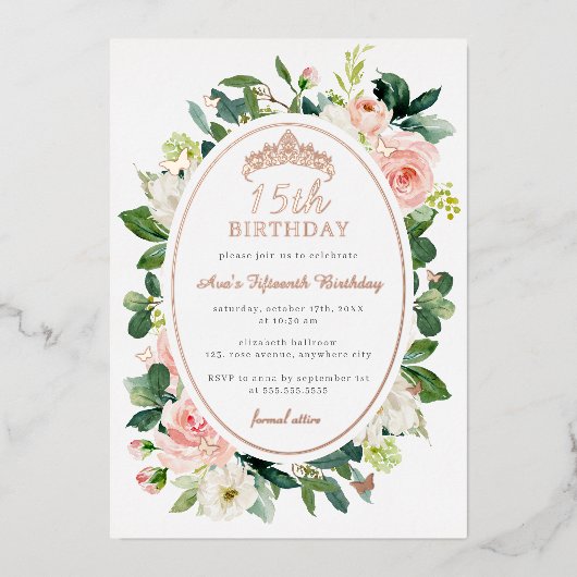 15e Verjaardag Roos Gouden Roze Vlinder Bloemen Folie Uitnodiging (Voorkant)