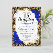15e verjaardag - Royal Blue Gold Leopard Print Kaart (Staand voorkant)