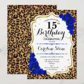 15e verjaardag - Royal Blue Gold Leopard Print Kaart (Voorkant / Achterkant)