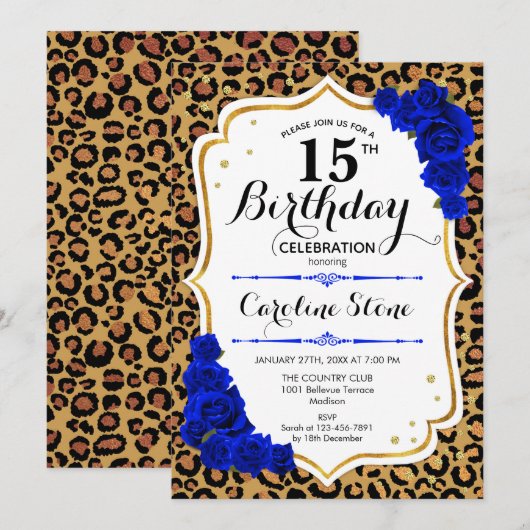 15e verjaardag - Royal Blue Gold Leopard Print Kaart (Voorkant / Achterkant)
