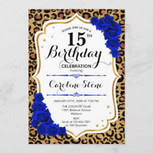 15e verjaardag - Royal Blue Gold Leopard Print Kaart
