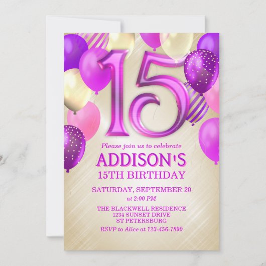 15e verjaardag roze ballonnen uitnodiging (Voorkant)