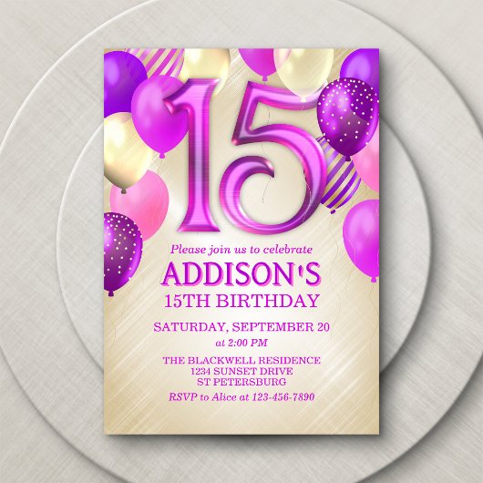 15e verjaardag roze ballonnen uitnodiging