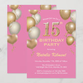 15e verjaardag Roze en goudballonnen Kaart (Voorkant / Achterkant)