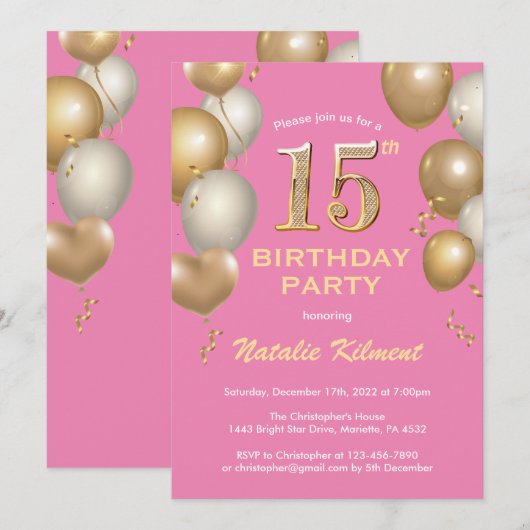 15e verjaardag Roze en goudballonnen Kaart (Voorkant / Achterkant)