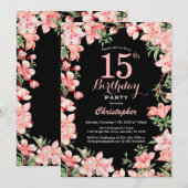 15e verjaardag Roze Floral Flowers Black Achtergro Kaart (Voorkant / Achterkant)