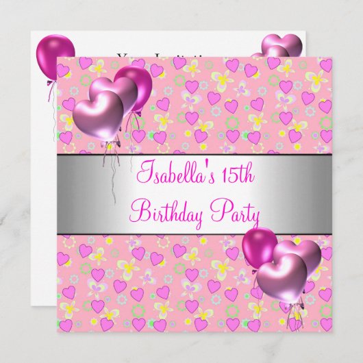 15e verjaardag roze hartenballonnen kaart (Voorkant / Achterkant)
