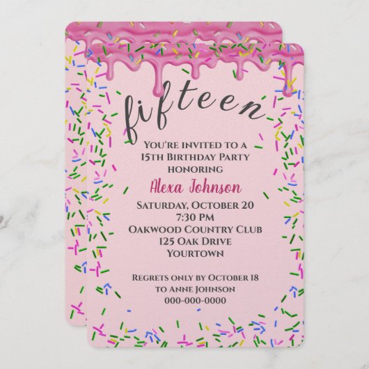 15e verjaardag roze ijsjes en strooisel kaart (Voorkant / Achterkant)