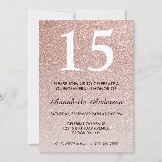 15e verjaardag Roze Rose Gold Glitter Quinceañera Kaart (Voorkant)