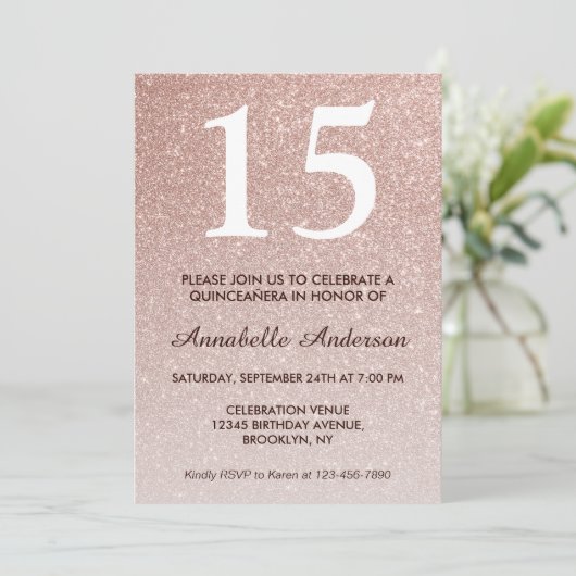 15e verjaardag Roze Rose Gold Glitter Quinceañera Kaart (Staand voorkant)