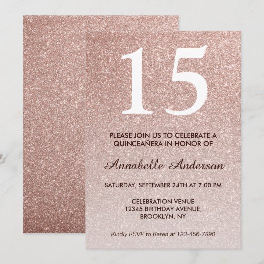15e verjaardag Roze Rose Gold Glitter Quinceañera Kaart (Voorkant / Achterkant)