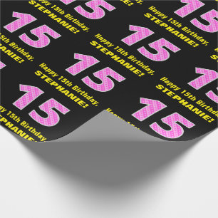 15e verjaardag: Roze strepen en hart "15" + naam Cadeaupapier