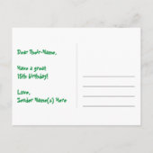 15e verjaardag: roze strepen en harten, regenboog  briefkaart (Achterkant)