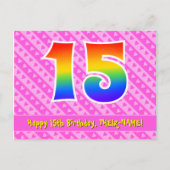 15e verjaardag: roze strepen en harten, regenboog briefkaart (Voorkant)