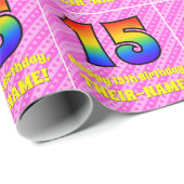 15e verjaardag: roze strips & harten, regenboognr. cadeaupapier (Rol Hoek)