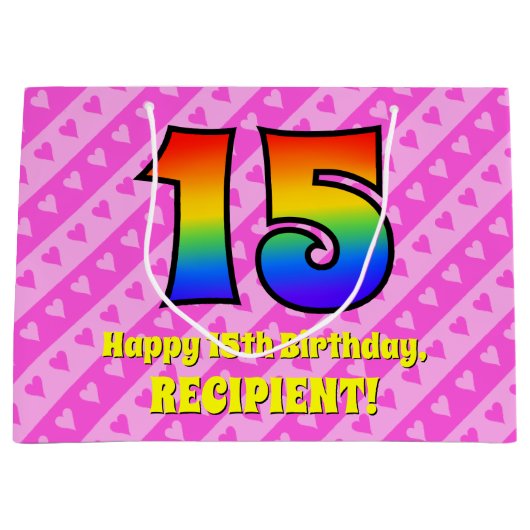 15e verjaardag: roze strips & harten, regenboognr. groot cadeauzakje (Voorkant)