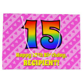 15e verjaardag: roze strips & harten, regenboognr. groot cadeauzakje (Achterkant)