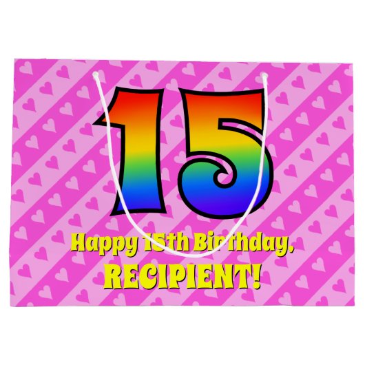 15e verjaardag: roze strips & harten, regenboognr. groot cadeauzakje (Achterkant)