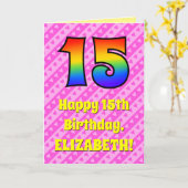 15e verjaardag: roze strips & harten, regenboognr. kaart (Gele Bloem)
