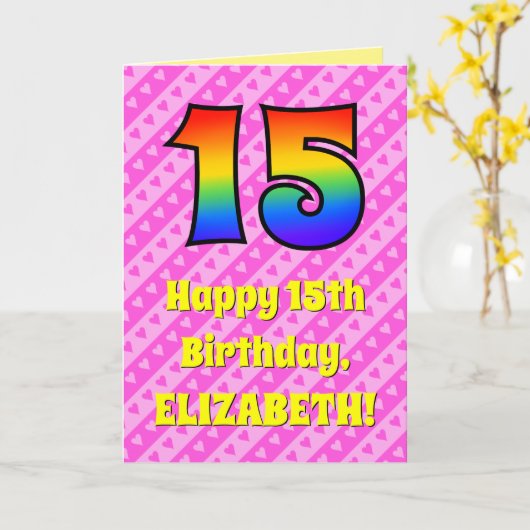 15e verjaardag: roze strips & harten, regenboognr. kaart (Gele Bloem)
