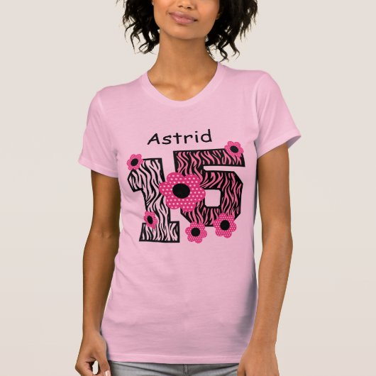 15e verjaardag Roze Zebra Aangepaste naam V025A4J4 T-shirt (Voorkant)