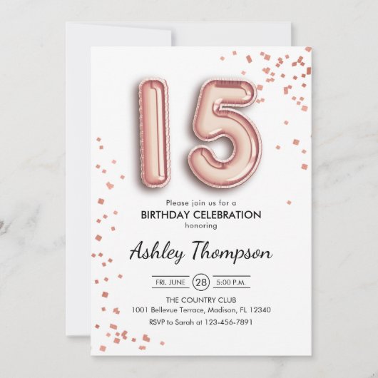 15e verjaardag - Rozen gouden ballonnen Kaart (Voorkant)