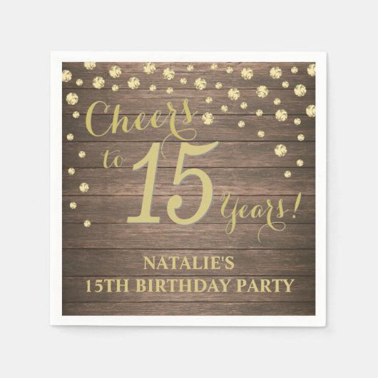 15e verjaardag Rustic Wood en Gold Diamond Servet (Voorkant)