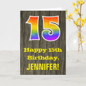 15e verjaardag: rustieke faux hout look, regenboog kaart (Gele Bloem)