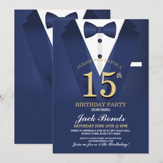 15e verjaardag Spy Suit Zwart stropdas Goud Tuxedo Kaart (Voorkant / Achterkant)