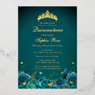 15e verjaardag Teal bloemvlinder Quinceanera Folie Uitnodiging