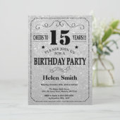 15e verjaardag Uitnodiging Black en Silver Glitter (Staand voorkant)