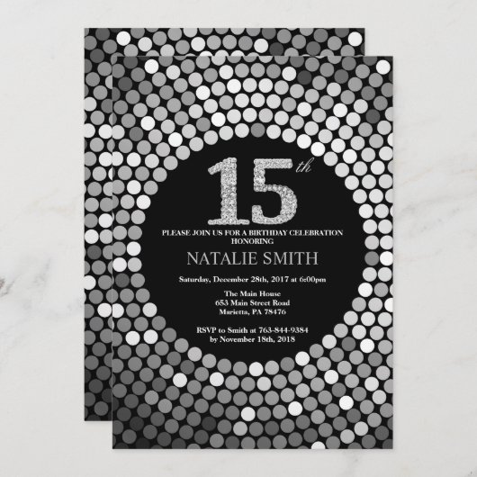 15e verjaardag Uitnodiging Black en Silver Glitter (Voorkant / Achterkant)