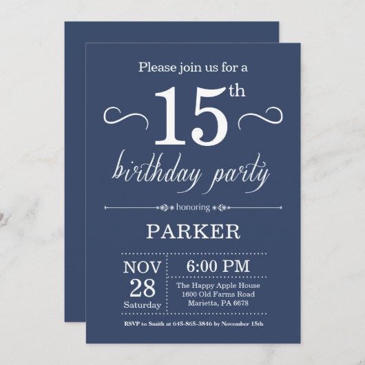 15e verjaardag uitnodiging blauw (Voorkant / Achterkant)