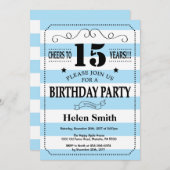 15e verjaardag Uitnodiging blauw en witte strepen (Voorkant / Achterkant)