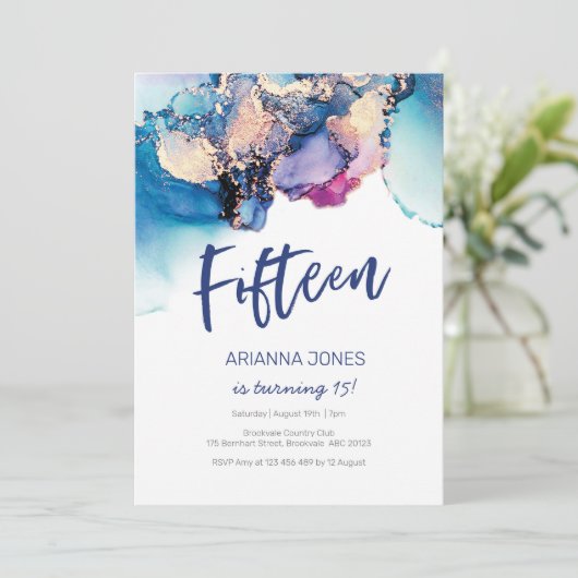 15e verjaardag Uitnodiging blauwe Abstracte Waterv (Staand voorkant)