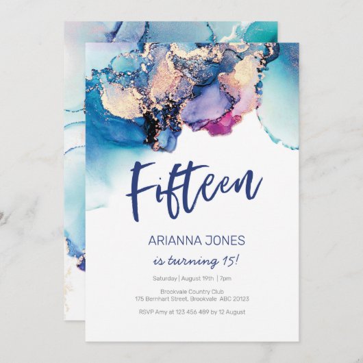 15e verjaardag Uitnodiging blauwe Abstracte Waterv (Voorkant / Achterkant)