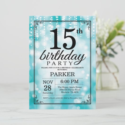 15e Verjaardag Uitnodiging Blauwgroen Glitter (Staand voorkant)