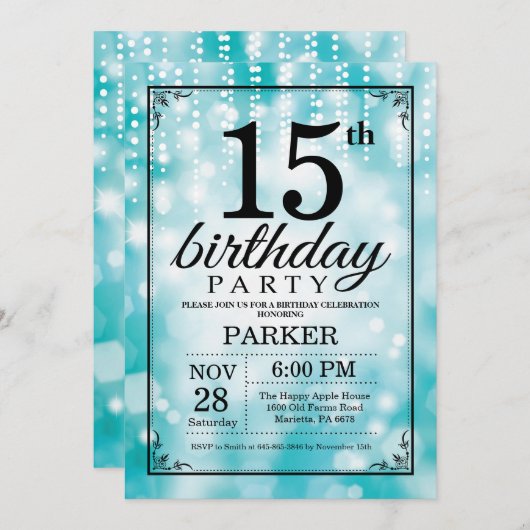 15e Verjaardag Uitnodiging Blauwgroen Glitter (Voorkant / Achterkant)