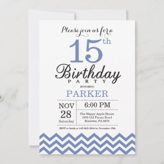 15e verjaardag uitnodiging Blue Chevron (Voorkant)