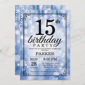 15e verjaardag uitnodiging Blue Glitter (Voorkant / Achterkant)