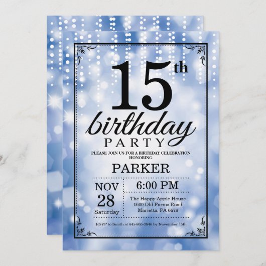 15e verjaardag uitnodiging Blue Glitter (Voorkant / Achterkant)