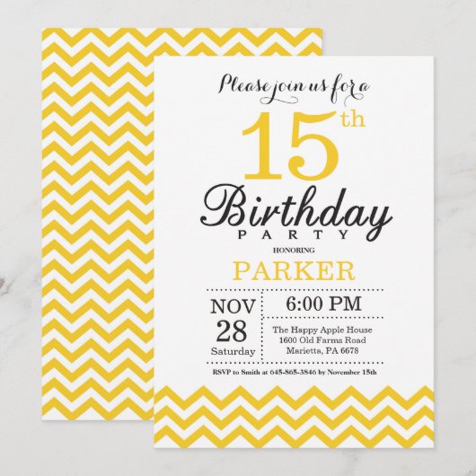 15e Verjaardag Uitnodiging Geel Chevron (Voorkant / Achterkant)