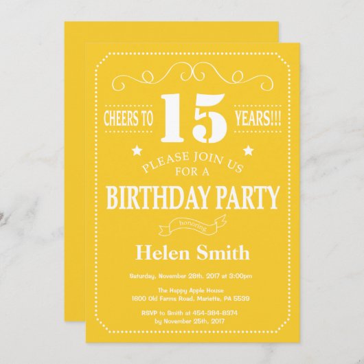 15e verjaardag uitnodiging Geel en wit (Voorkant / Achterkant)